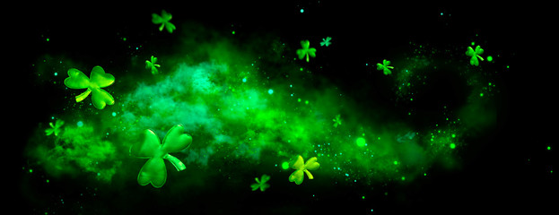 St. Patrick's Day green blurred background with shamrock leaves. Patrick Day. Abstract border art...