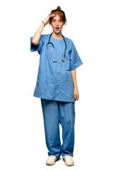 A full-length shot of a Young redhead nurse has just realized something and has intending the solution over isolated white background