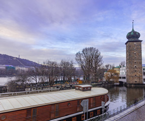 Shitkovska Water Tower and the Slovak Island on the Vltava River in Prague