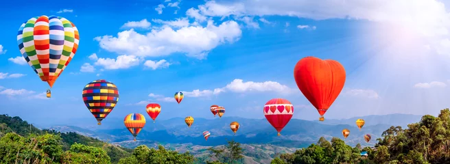 Fotobehang Colorful hot air balloon fly over mountain view 1 © npstockphoto