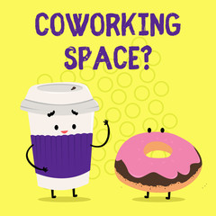 Text sign showing Coworking Spacequestion. Conceptual photo Business services providing shared offices to work