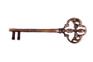 Antique key isolated on white background - photograph