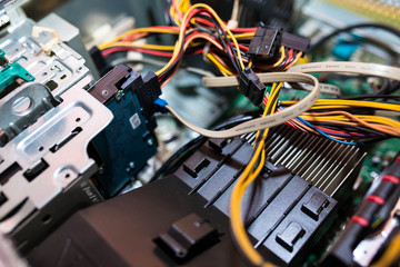 Opened personal computer , visible components close up shot, copy space.