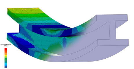 3D Illustration. Narrow isometric view of a Von Mises stress plot and CAD model blend of an I Beam in bending with scale - obrazy, fototapety, plakaty
