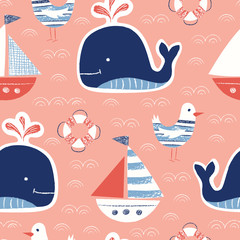 Whimsical Cute, Hand-Drawn with Crayons, Whale, Ship, Seagull, Lifebuoy Vector Seamless Pattern. Nautical Sea Creatures
