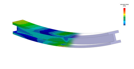 3D Illustration. Wide isometric view of a Von Mises stress plot and CAD model blend of an I Beam in bending with scale - obrazy, fototapety, plakaty
