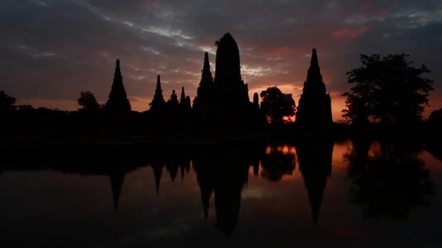 time lapse Sunset Chaiwatthanaram temple Ayutthaya Thailand day to night pan left to right 