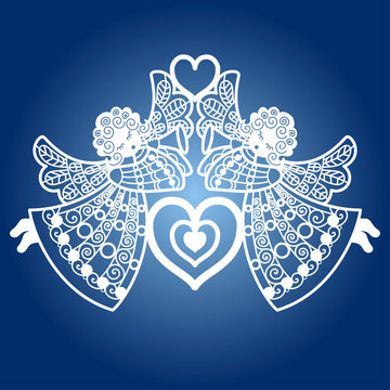 recommend clip art: Two angels with a trumpet and a heart. Template for laser cutting. For design, openings, greetings, interior elements. For cutting from paper, metal, wood. Vector