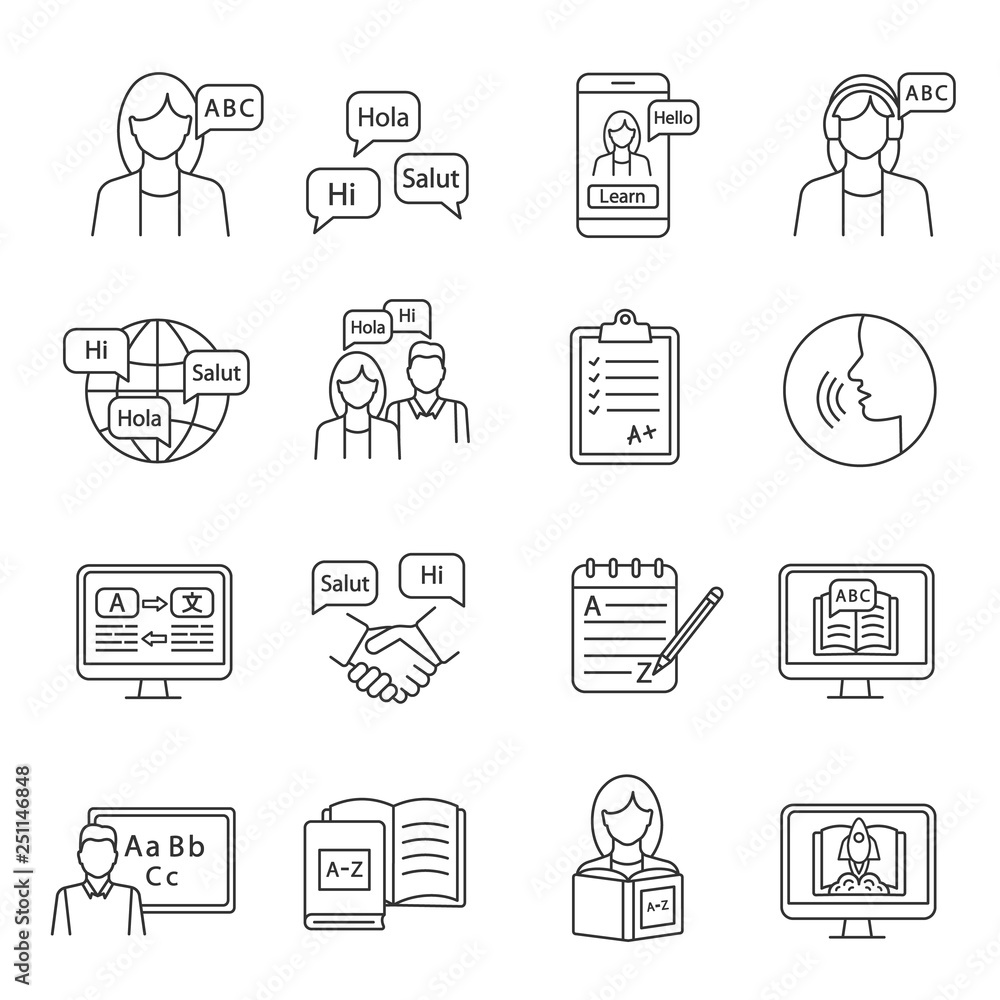 Poster foreign language learning linear icons set