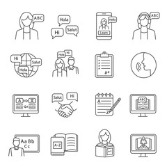 Foreign language learning linear icons set