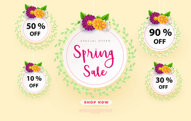 Spring sale s banner template with paper flower on colorful backgruond illustration.