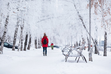 Fototapeta na wymiar winter city walkway with benches