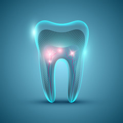 Abstract futuristic tooth structure on blue background, dental banner design