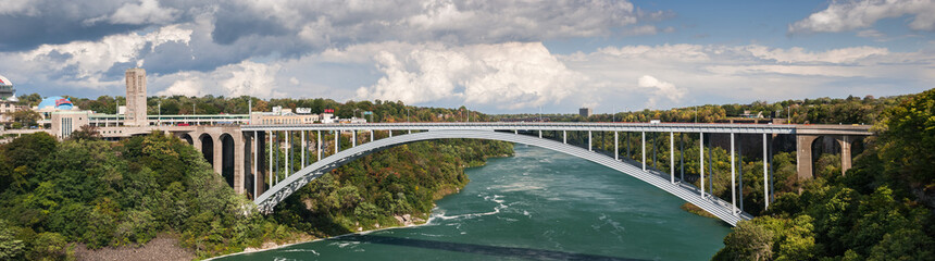 Very large panoramic view on the Niagara Falls International Rainbow Bridge, that connects Canada...