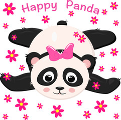 happy panda in flowers - vector, illustration, eps