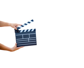 Man hands holding movie clapper isolated on white background. Shown slate board. use the colors...