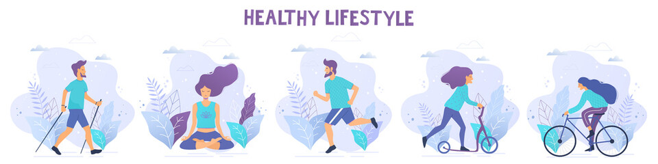 Healthy lifestyle vector illustrations. Nordic walking, running, roller skates, kick scooter, bicycle, yoga