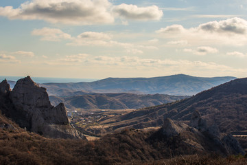 Beautiful spring mountain landscape at sunset with cliffs and valley, Crimea mountains nature landscape