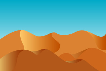 Desert view. Yellow dunes and blue sky. Copy space. Vector illustration.