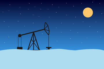 Horse head oil pump. Winter night. Vector illustration.