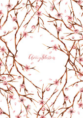 Watercolor illustration,Cherry blossom,spring flowers,branches, flowers,handmade,card for you