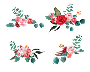 Collection Wedding bridal rustic watercolor bouquet. red and pink and green flowers ornament