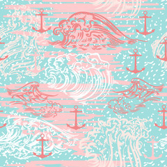 Fototapeta na wymiar Ocean summer vector pattern with waves and anchors