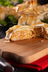Fresh hot chicken mince cutlet in fillo dough