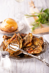 Fresh tasty part of fried chicken with spices