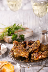 Fresh tasty part of fried chicken with spices