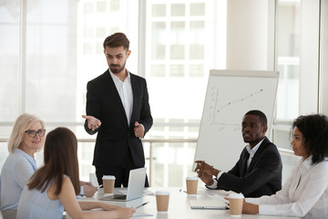 Team leader communicating with company staff during presentation 