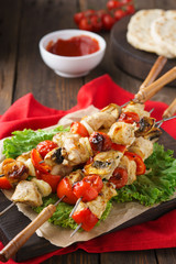 Homemade chicken shish kebab with mushrooms and bell peppers.