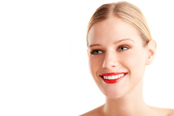 Fototapeta premium Cheerful young beautiful lady portrait at isolated white background