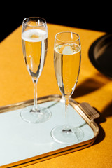 Valdobbiadene Prosecco flutes and a bottle, in pop contemporary style. Prosecco is an italian sparkling wine cultivated and produced in Valdobbiadene-Conegliano area