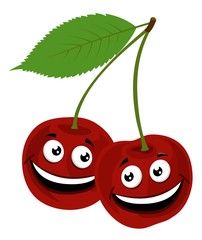 Cherry. Vector Illustration of a funny pair of cherries with face, on white background.