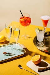 Prosecco glasses and prosecco cocktails: Tintoretto, Spritz Veneziano and Lemon Sherbed. Pop contemporary style