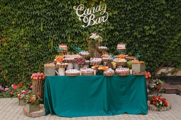 Candy bar decorated with fruit, green background.