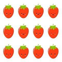 Set strawberry emotions face. Set strawberry smileys. Strawberries with Kawaii face on a white background.
