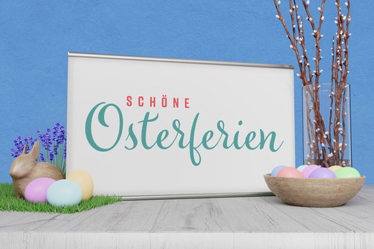 Sch&ouml;ne Osterferien Schild. Dekoration zum Thema Ostern und Ferien mit Banner, Ostereier, Osterhase, Nest und Zweigen.