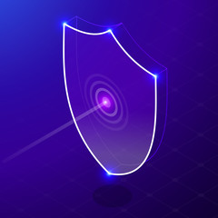 Isometric internet security shield business concept. 	 Network data security isometric vector illustration. Neon shield. Virus Attack. 
