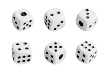 Collection of white dices, isolated on white background