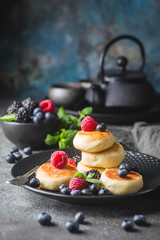 Cottage cheese pancakes with berries. Healthy Breakfast.