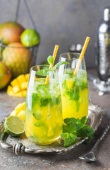 Fresh mango mojito cocktail with lime and mint in a glass