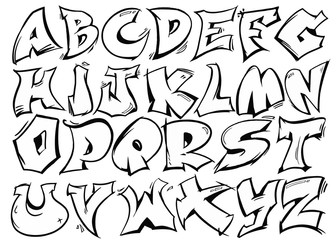 English alphabet vector from A to Z in graffiti black and white style. - obrazy, fototapety, plakaty