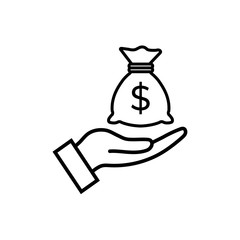 Hand holding money bag line icon, logo isolated on white background