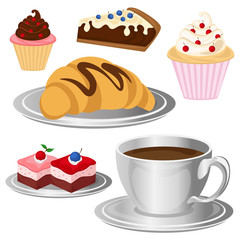 Cafe set. Coffee, croatan, cakes and muffins. Vector illustration.