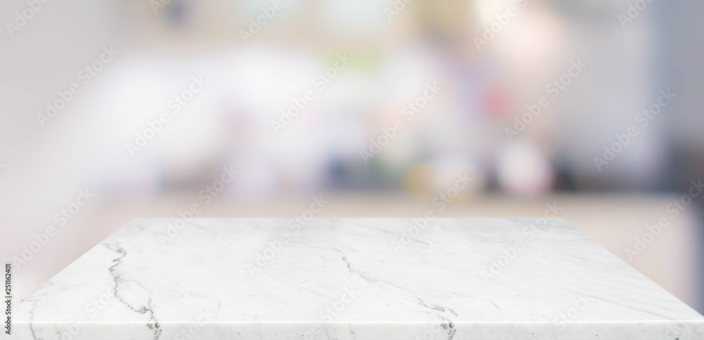 Aufkleber empty perspective marble table top with blurred home kitchen background.mock up template for display