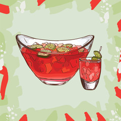 Cruchon, Pimms, Poncz arbuza letni koktajl ilustracja. Alkoholowy klasyczny bar napój wektor ręcznie rysowane. Pop Art - 251162877