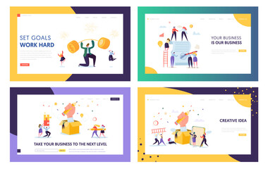 Finance Business Success Character Landing Page Set. Businessman Lift Up Barbell with Coins. Financial Goal Achievement Concept for Website or Web Page. Flat Cartoon Vector Illustration