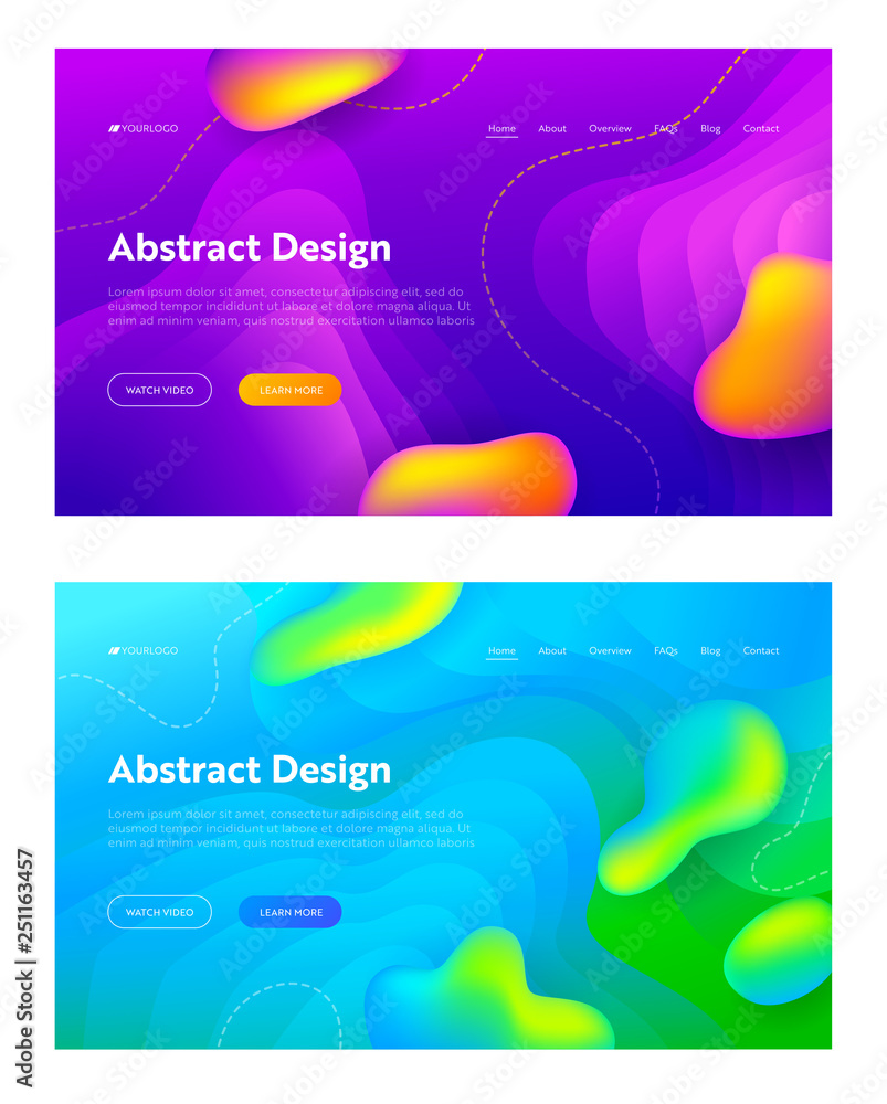 Poster purple blue abstract liquid drop shape set landing page background. futuristic wave motion gradient 